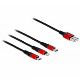 Cablu de date Delock 85891 3in1, USB - micro USB + Lightning + USB-C, 0.3m, Black-Red