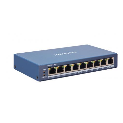 Switch 8 porturi POE Hikvision DS-3E1309P-EI, L2, Smart Managed, 8 × 100 Mbps PoE RJ45 ports, 1 × gigabit network RJ45 port, PoE power budget 110W, maxim 30W per port, distanta transmisie 300 metri in modul extended, Switching capacity 3.6 Gbps, Packet fo