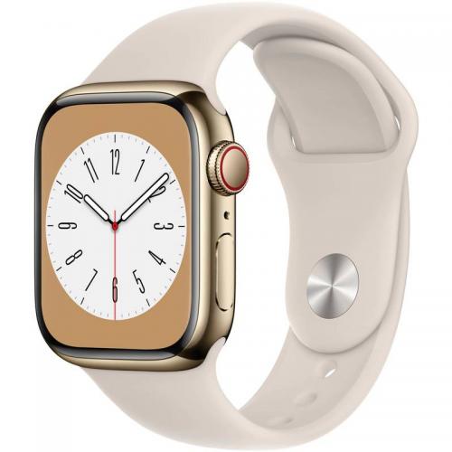 Apple Watch S8 Cellular 41mm Gold Stainless Steel Case with Starlight Sport Band - Regular