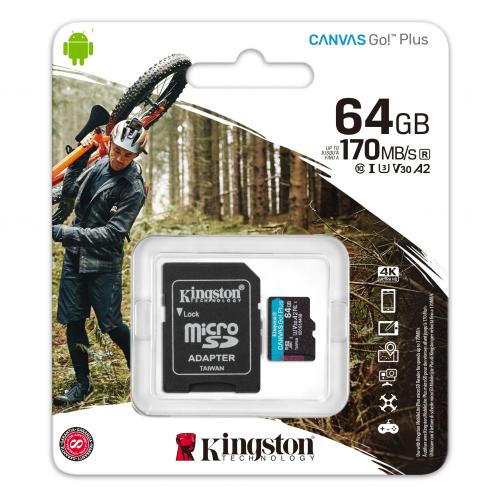 Card de Memorie MicroSD Kingston Canvas GO Plus, 64GB, Adaptor SD, Class 10