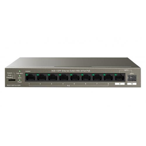 Tenda switch TEG1110PF-8-102W, 9GE+1SFP Ethernet Switch, 8-Port PoE, interfata: 8 * 10/100/1000 Mbps Base-T Ethernet ports (Data/Power), 1 * 10/100/1000 Mbps Base-T Ethernet port (Data), 1 * 100/1000 Mbps Base-X SFP port, standarde retea: IEEE 802.3 IEEE 